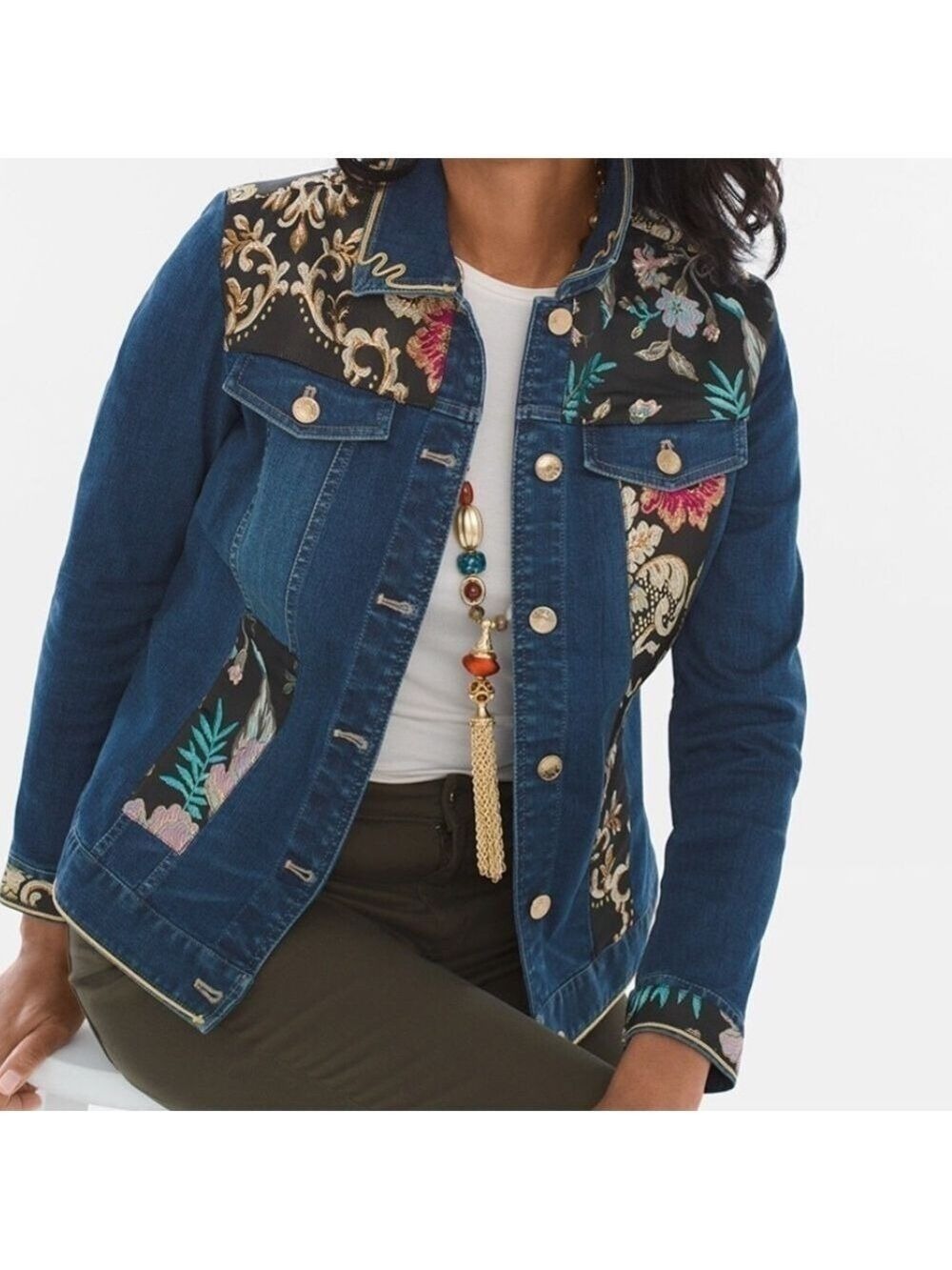 Chicos Women’s Heritage Denim Embroidered Jean Jacket Limited Edition 8 10 M